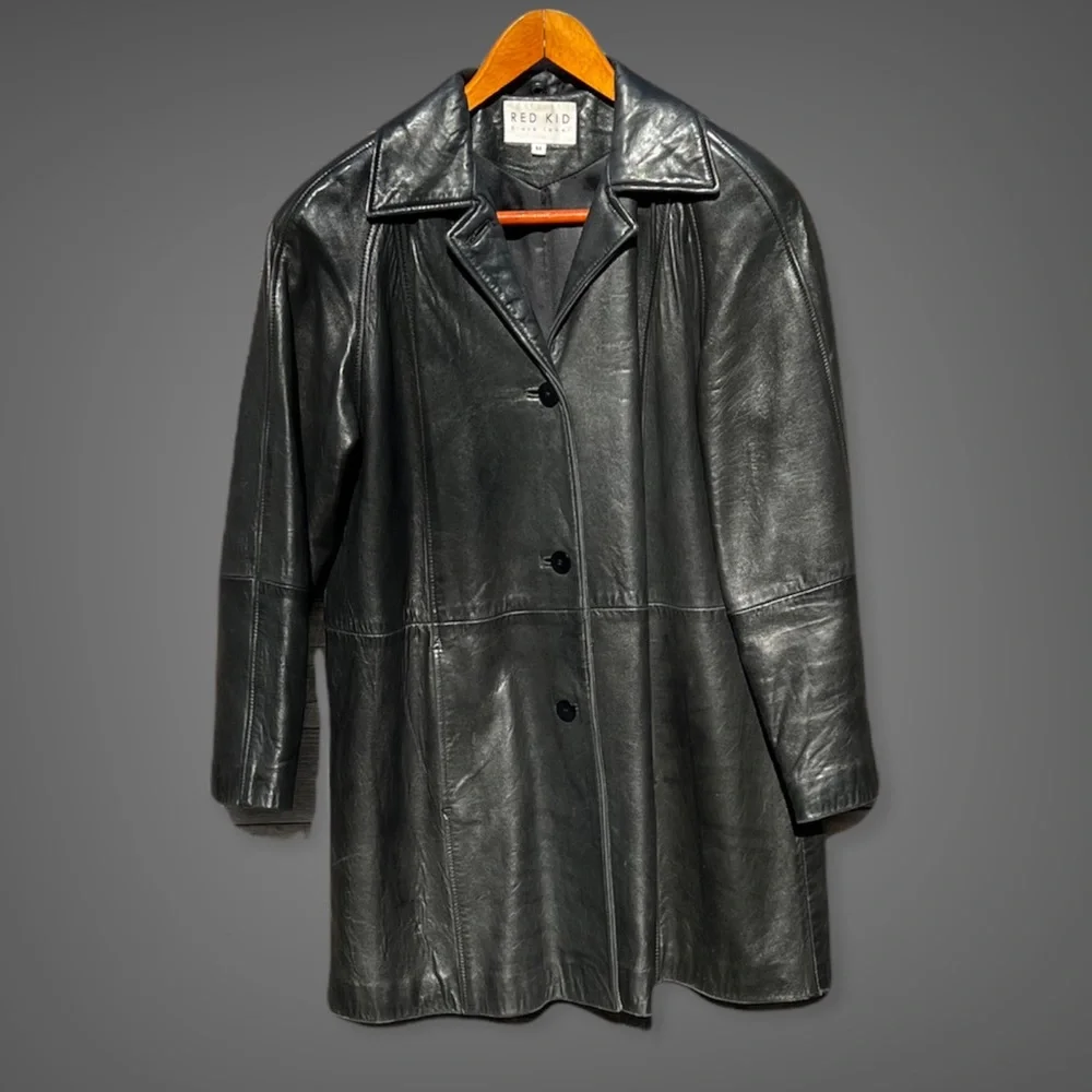 🌻RED KID Genuine Butter Soft Leather Black Mid-Length Coat Jacket Size Medium